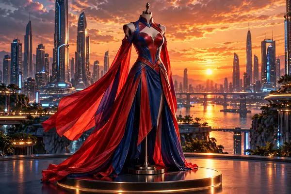 A woman in a red and blue superhero-inspired outfit against a glowing city skyline at sunset