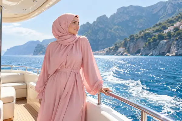 A brunette woman in a soft pink wrap posing on a bright boat with blue water in the background