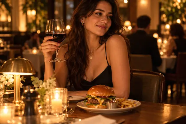 A brunette woman holding a wine glass beside a burger and candlelit table in a warm restaurant
