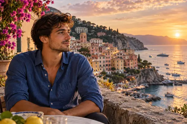 A young man in a blue shirt seated against a densely built coastal town on the French Riviera