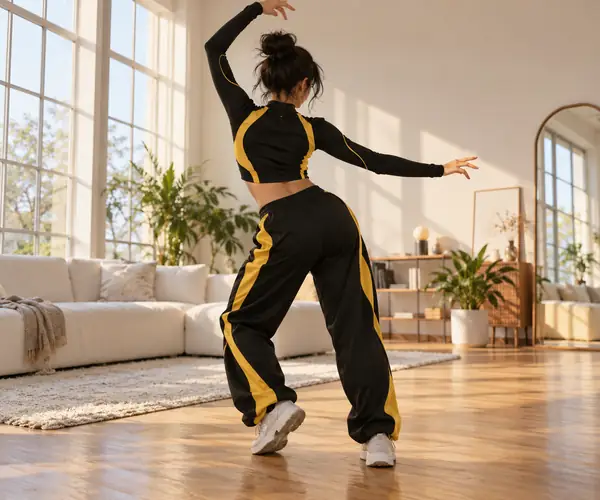 A blonde woman in a black and yellow athletic top posing in a bright room for a playful dance video