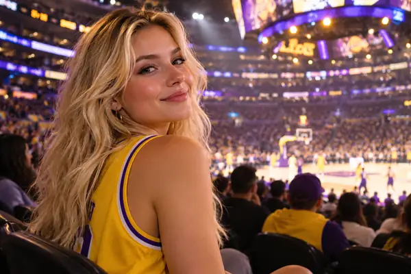 A blonde woman in a Lakers jersey seated at a lively basketball game surrounded by arena lights