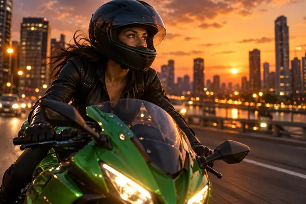 A woman in a black helmet riding a green motorcycle at dusk on a city road with warm lights behind her