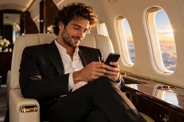 A curly-haired man in a black suit seated inside a cream private jet cabin while using his phone