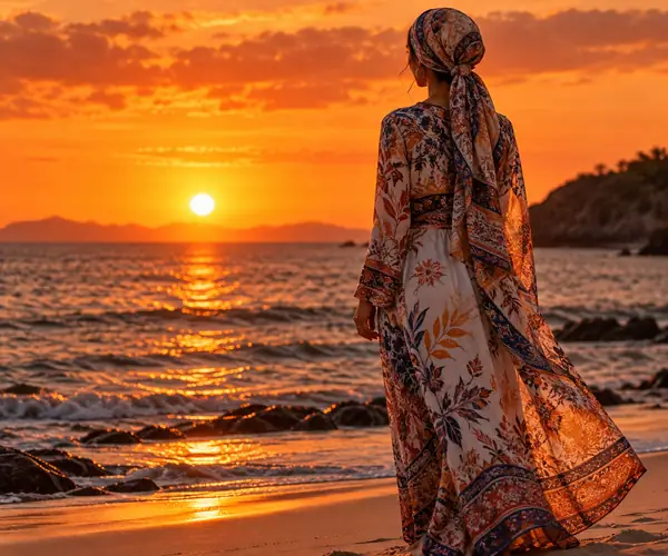 A woman in a patterned bikini posing on a beach at vivid orange sunset with the sea behind her