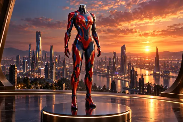A woman in a red and blue superhero-inspired suit seated above a city skyline at sunset