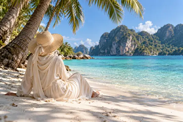 A blonde woman reclining on white sand beside shallow turquoise water under palm trees